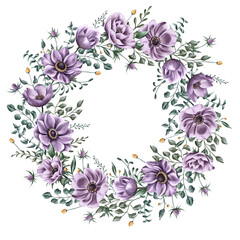 Round wreath of tender purple anemones flowers, cute tine yellow blossom, and green leaves and branches. Hand-drawn floral circle chaplet frame for anniversary postcards, wedding invitations