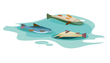 Three dead fish floating on surface of the poisoned water. Concept of environmental pollution. Vector flat illustration - obrazy, fototapety, plakaty