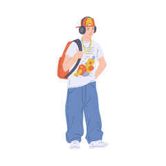 Young man or guy in cap and headphones, flat vector illustration isolated.