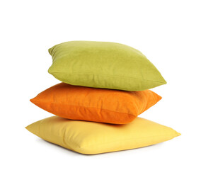 Stack of colorful decorative pillows on white background