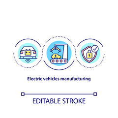 Fototapeta premium Electric vehicles manufacturing concept icon. EV development abstract idea thin line illustration. Car assembling process. High-tech approach. Vector isolated outline color drawing. Editable stroke