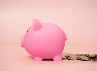 man puts a coin in a piggy bank on a pink background, close-up. Place for text