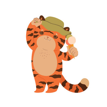 Cute tiger eating ice cream isolated on white background. Vector graphics.