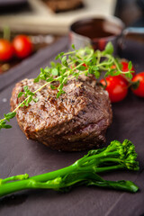 Estonian beef tenderloin steak. Delicious healthy traditional food closeup served for lunch in modern gourmet cuisine restaurant