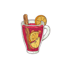 Mulled wine with cinnamon and orange, hand drawn vector illustration isolated.