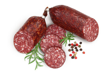 Smoked sausage salami with slices isolated on white background with clipping path and full depth of field. Top view. Flat lay