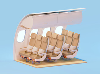 Airplane interior cross-section. Economy class cabin. Passenger aircraft with premium economy class travel seats. 3d illustration - obrazy, fototapety, plakaty