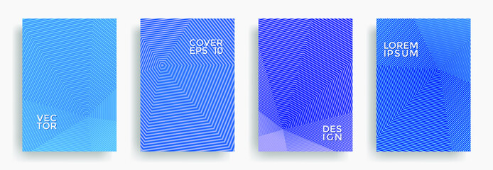 Hexagonal halftone pattern cover pages vector modern design. Hexagon lines texture patterns. Party invitation flyer templates set. Magazine cover page layouts, posters collection.