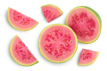 Guava fruit slices isolated on white background with clipping path and full depth of field. Top view. Flat lay