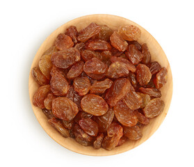 Brown raisins in wooden bowl isolated on white background with clipping path. Top view. Flat lay