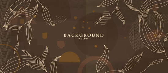 Abstract background art with botanical leaves on dark brown or chocolate background. Earthtone colors wall art decor. Boho style minimalistic background. Vector illustration.