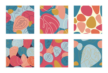 A set of multi-colored seamless backgrounds with foliage. The leaves are one line, the spots are blue and pink.