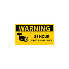 Warning sign about video surveillance for 24 hours. Vector illustration of yellow warning symbol isolated on white background. Attention about cctv.
