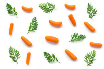 Isolated carrot mini pattern with green leaves. Top view.