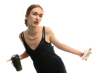 Isolated High resolution photo of young caucasian woman posing with coffee and burger on white background looking at camera