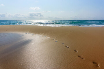 Foot prints in Le pin sec beach. Gironde coast 