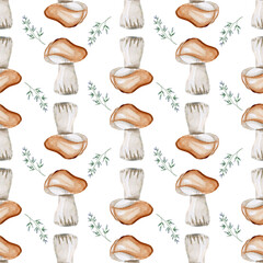 Mushrooms, white mushroom and autumn leaves. Seamless pattern for background decor