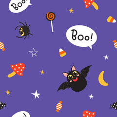 Seamless vector pattern with stars, mushrooms, candies, funny bats, and speech bubbles. Vector Halloween texture on a purple background.