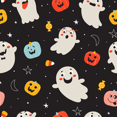 Seamless vector pattern with cute ghosts, colorful pumpkins, stars, moons, and candies. Vector Halloween texture on a black background.