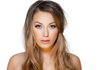 Fototapeta premium Natural beauty and skincare concept. Portrait of beautiful female model with clean face isolated on white background. Young woman shows healthy sensitive skin after using cosmetics and makeup