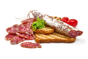 Cured fuet sausage, isolated on white background. High resolution image.