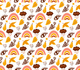 Boho abstract autumn seamless pattern. Bohemian print creative contemporary aesthetic doodle style, repeating texture, background. Vector illustration