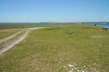 Calm water and green steppe of the Tiligulsky estuary reserve in the Odessa region