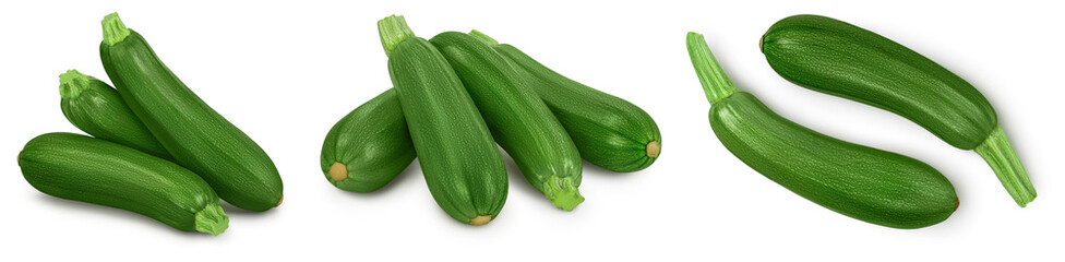 Fresh whole zucchini isolated on white background with clipping path and full depth of field. Set or collection