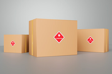 Concept of transportation of dangerous goods and hazardous materials. Cardboard boxes with a...