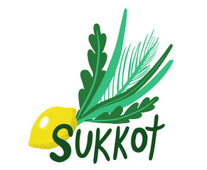Sukkot Jewish holiday. Sukkot species with etrog, lulav, Arava, Hadas. Isolated on white background. Vector illustration