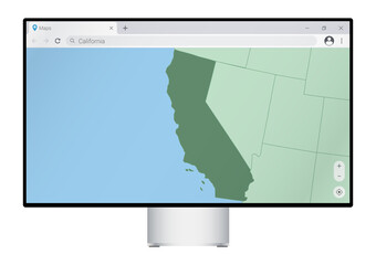 Computer monitor with map of California in browser, search for the country of California on the web mapping program.