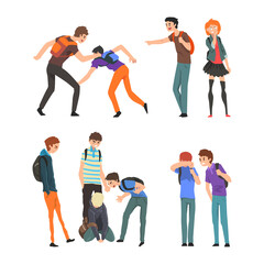 Fototapeta na wymiar Aggressive Teenagers Bullying Classmates Set, Teenage Aggression and Violence Cartoon Vector Illustration