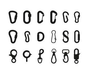 Set black silhouettes of alpinist metal carabiners, climbing clasp locks.