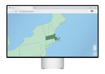 Computer monitor with map of Massachusetts in browser, search for the country of Massachusetts on the web mapping program.