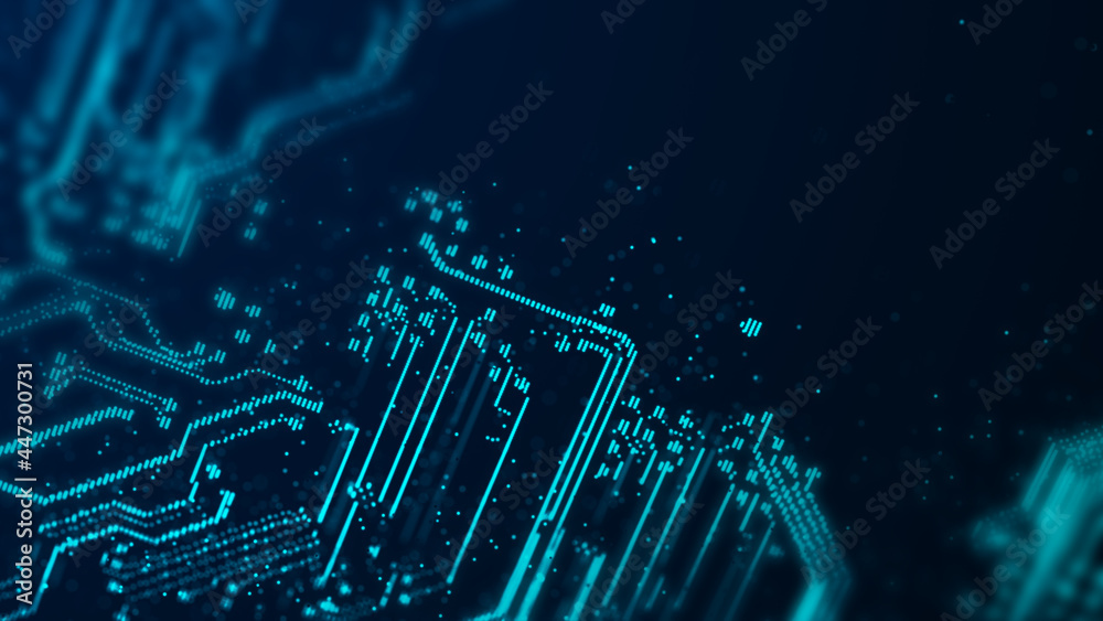 Poster big data technology background. microchip and computer parts. city of the future. 3d rendering