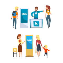 Promoters Advertising Products or Services to Walking People Set, Consultants Standing at Commercial Promotional Stands at Exhibition Cartoon Vector Illustration