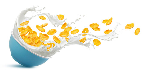 Bowl of corn flakes with milk splash isolated on white background
