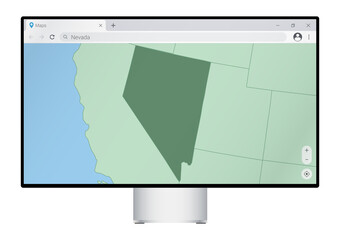 Computer monitor with map of Nevada in browser, search for the country of Nevada on the web mapping program.