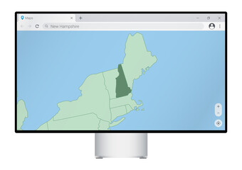 Computer monitor with map of New Hampshire in browser, search for the country of New Hampshire on the web mapping program.
