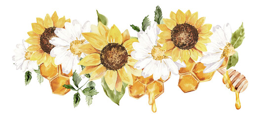 Watercolor honey illustration, Sunflower rustic design, Honey logo, honey comb, Haney jar composition for meny, cards, invitations, printing, stationery