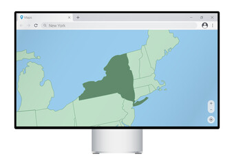 Computer monitor with map of New York in browser, search for the country of New York on the web mapping program.
