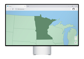 Computer monitor with map of Minnesota in browser, search for the country of Minnesota on the web mapping program.