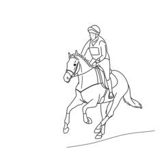 Line portrait of rider and warmblood horse galloping during equestrian eventing competition
