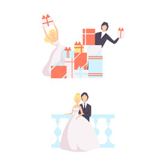 Just Married Couples Set, Bride and Groom Opening Gift Boxes after Wedding Ceremony and Celebrating Marriage Flat Vector Illustration