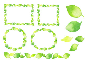 手描き水彩　ふわふわリーフの素材セット