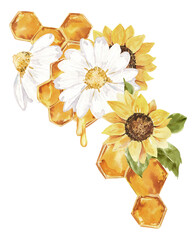 Watercolor honey illustration, Sunflower rustic design, Honey logo, honey comb, Haney jar composition for meny, cards, invitations, printing, stationery