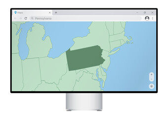 Computer monitor with map of Pennsylvania in browser, search for the country of Pennsylvania on the web mapping program.