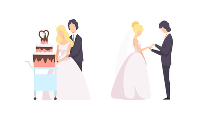 Just Married Newlyweds Set, Happy Couple Celebrating Marriage, Bride and Groom Cutting Wedding Cake Flat Vector Illustration