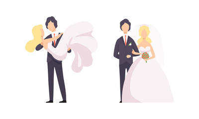Happy Just Married Couple of Newlyweds Celebrating Marriage Set Flat Vector Illustration