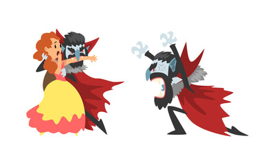 Scary Vampire in Actions Set, Count Dracula Character Wearing Black and Red Cape, Happy Halloween Concept Cartoon Vector Illustration